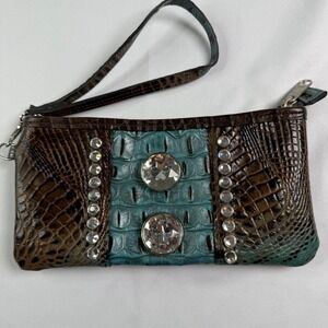 Raviani Brown Turquoise Croc Embossed Leather Rhinestone Wristlet Clutch USA